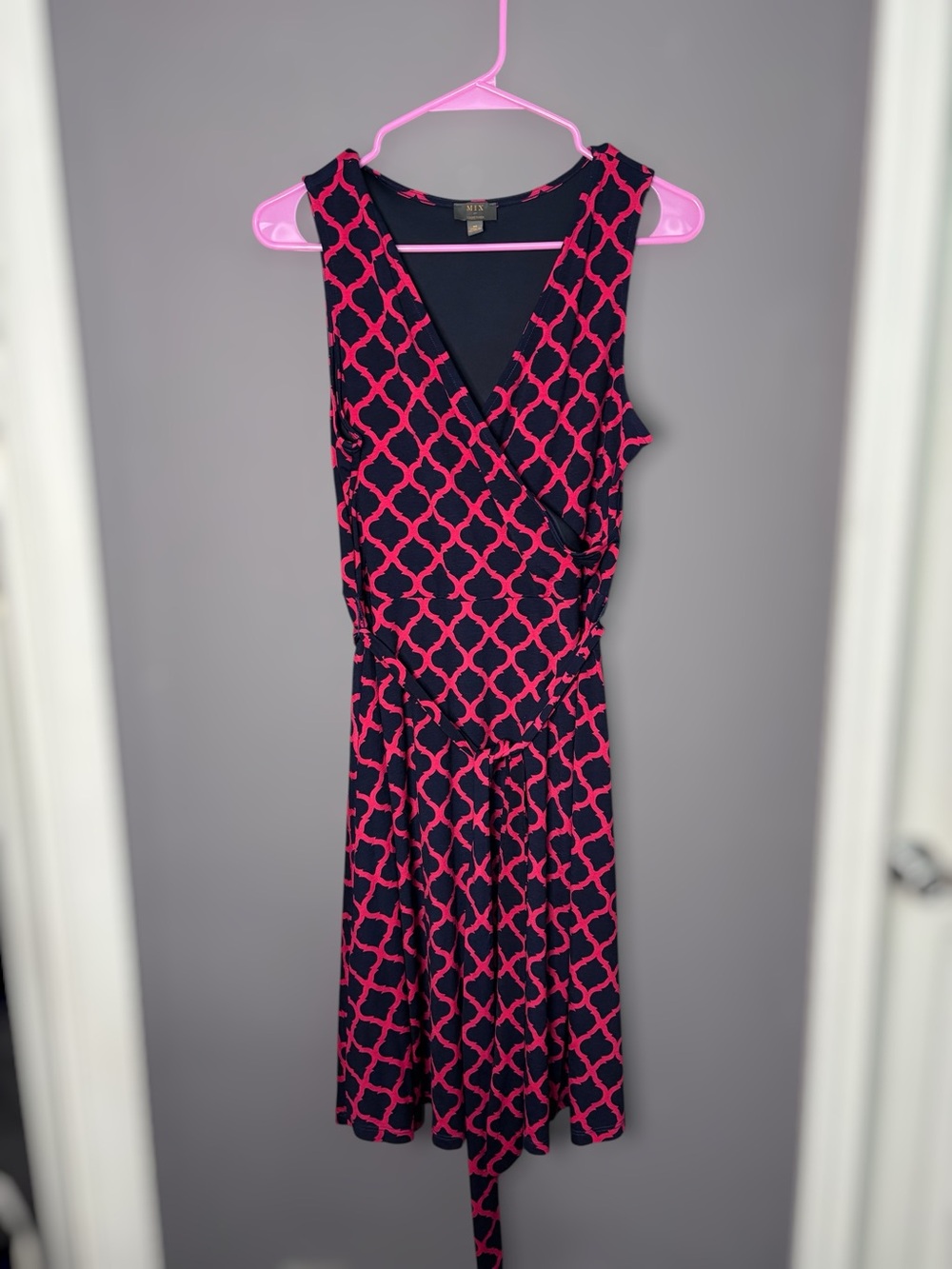 MIX by 41 Hawthorn Pink Navy Faux Wrap Dress Lattice Print Medium